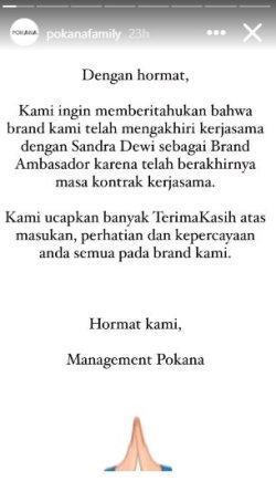 Sebuah brand produk kecantikan, Pokana Family mengakhiri kerjasamanya dengan aktris, Sandra Dewi sebagai brand ambassador per Kamis (28/3/2024)