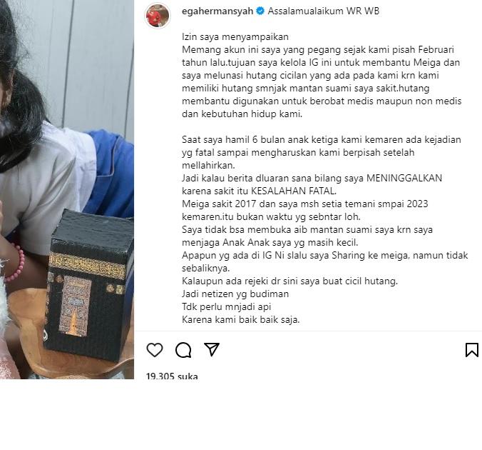 Mantan istri Kurnia Meiga jadi admin akun IG untuk lunasi cicilan utang (Instagram/egahermansyah)