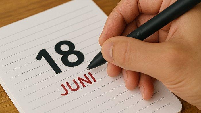 KALENDER JUNI 2025- Foto ilustrasi hasil olah kecerdasan buatan (AI), Selasa (17/6/2025), memperlihatkan ilustrasi tanggal 18 bulan Juni 2025.