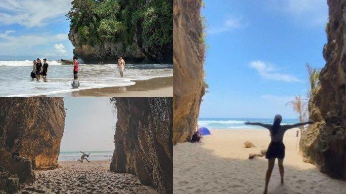 Kolase foto wisatawan di Pantai Goa Langir Sawarna.