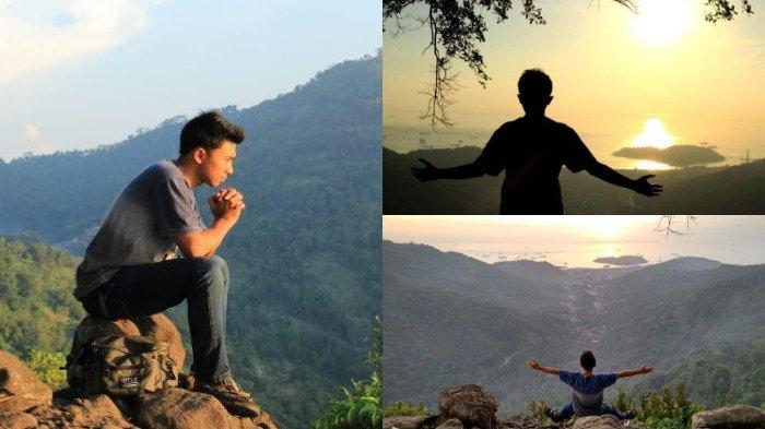 Kolase foto pemandangan Selat Sunda saat senja dilihat dari atas Bukit Cipala, Merak, Kota Cilegon.