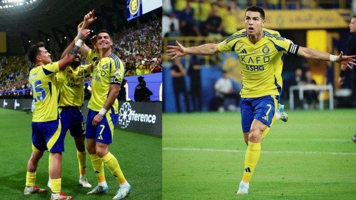 Cristiano Ronaldo bersama punggawa Al Nassr merayakan gol ke gawang Al-Riyadh semalam.  