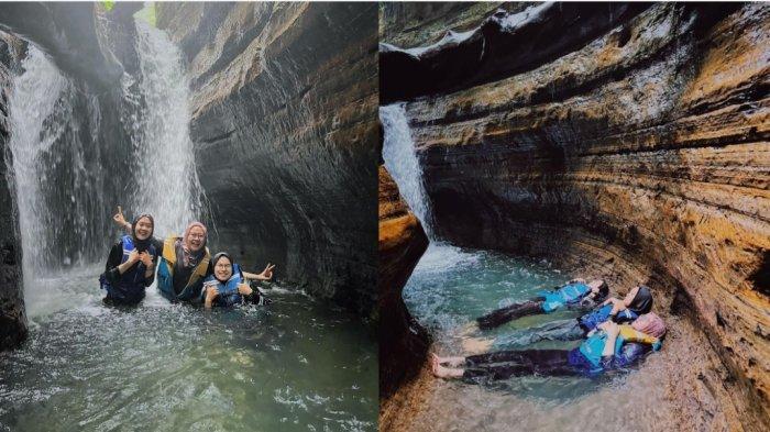 Kolase foto wisatawan saat menjelajahi Curug Putri, Carita, Pandeglang, Banten.