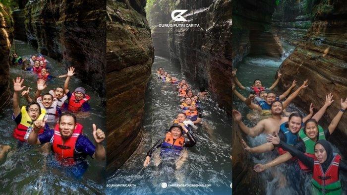 Kolase foto keseruan wisatawan di Area Curug Putri Carita, Pandeglang.