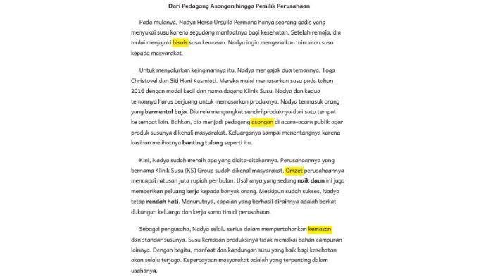 ILUSTRASI KUNCI JAWABAN- Teks Dari Pedagang Asongan hingga Pemilik Perusahaan, Bahasa Indonesia: Bergerak Bersama Untuk SD Kelas V halaman 78, Kurikulum Merdeka. (Kemdikbudristek, 2021)