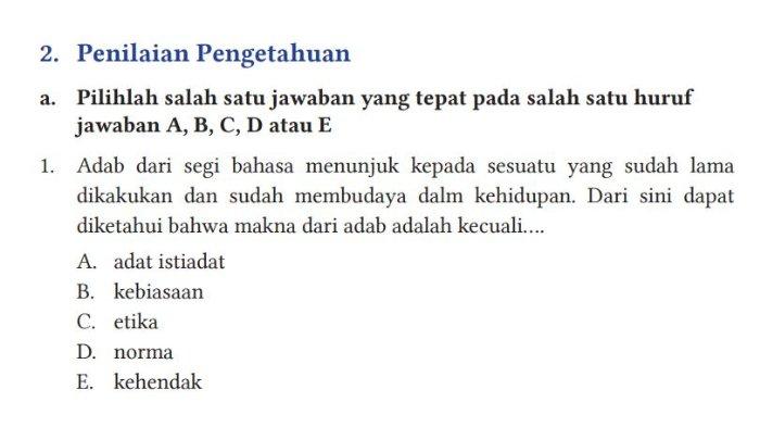 Adab dari segi bahasa menunjuk kepada sesuatu yang sudah lama dikakukan dan sudah membudaya dalam kehidupan. Dari sini dapat diketahui bahwa makna dari adab adalah kecuali….