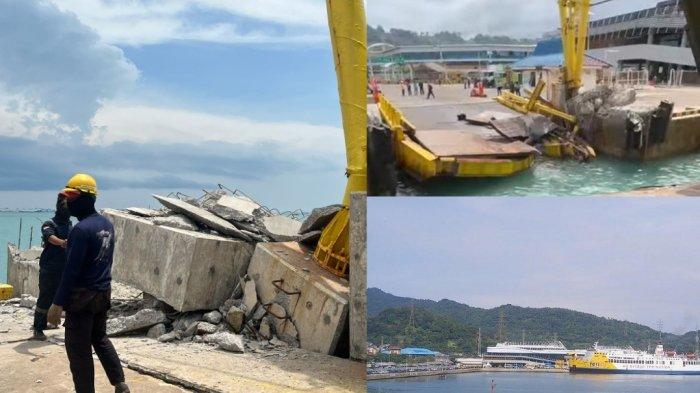 Dermaga VI eksekutif Pelabukan Merak, Banten 
hancur akibat ditabrak kapal Pertlink III, Senin, (17/3/2025)