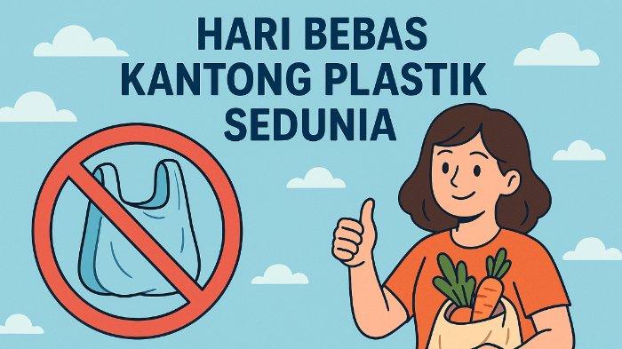 BEBAS KANTONG PLASTIK - Foto ilustrasi hasil olah kecerdasan buatan (AI), Selasa (1/7/2025), memperlihatkan ilustrasi Hari Bebas Kantong Plastik Sedunia 3 Juli 2025.