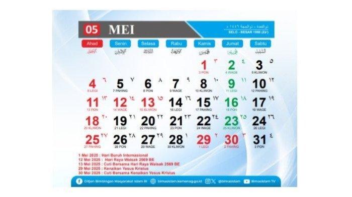 KALENDER MEI-Total ada lima hari libur resmi di luar Sabtu dan Minggu yang bisa dimanfaatkan. Tiga kali long weekend menanti di Mei 2025