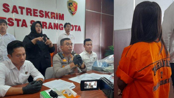 Kapolresta Serang Kota, Kombes Pol Sofwan Hermanto (duduk/tengah) mengungkap motif Fuza Fauziah (kanan) melakukan penggelapan dana klinik kecantikan My Beauty Store hingga Rp527 juta.