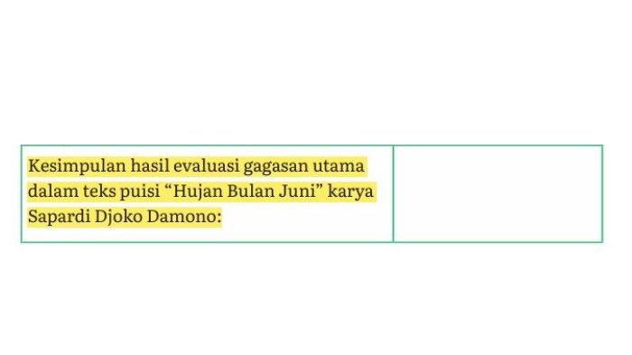 ILUSTRASI KUNCI JAWABAN - Soal tentang kesimpulan hasil evaluasi gagasan utama dalam teks puisi “Hujan Bulan Juni” karya Sapardi Djoko Damono pada Tabel 5.1 Mengevaluasi teks puisi buku Bahasa Indonesia Tingkat Lanjut: Cakap Berbahasa dan Bersastra Indonesia untuk SMA Kelas 11 halaman 149, Kurikulum Merdeka. (Kemdikbudristek, 2021)