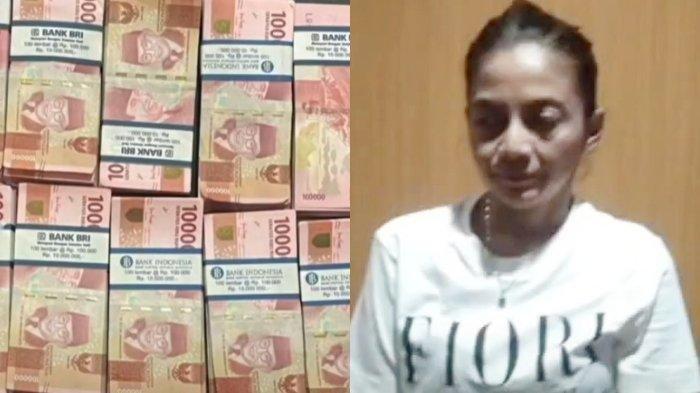 PENGEDAR UANG PALSU - (Kiri) Tangkap layar barang bukti uang palsu senilai Rp 230 juta dan (Kanan) SKW alias SA, mantan artis sinetron yang diduga terlibat pengedaran uang palsu. SWK ditangkap saat berada di Lippo Mall Kemang, Jakarta Selatan pada Sabtu (12/4/2025) malam.