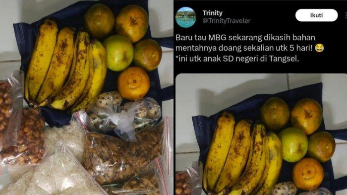 MBG BAHAN MENTAH - Akun Trinity Traveler membagikan potret isi MBG bahan mentah di Tangerang. Dalam foto tersebut, MBG tak dibagikan dalam menu makanan siap saji, Rabu (18/6/2025).