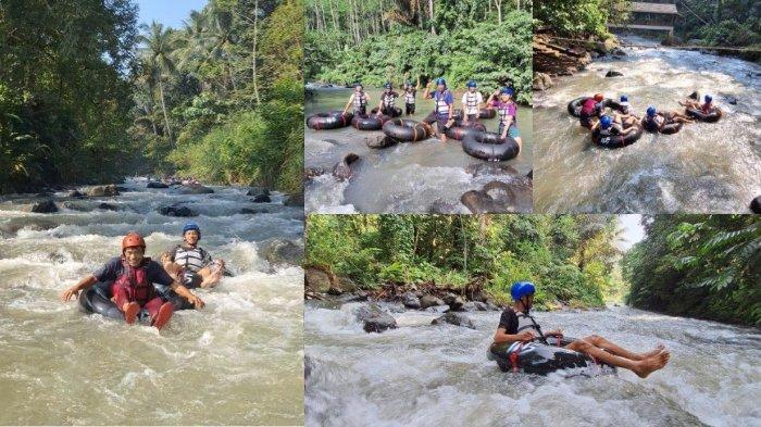 Kolase foto body rafting di aliran Sungai Cikalumpang Kampung 165 yang masih alami, jernih, dingin menyegarkan.