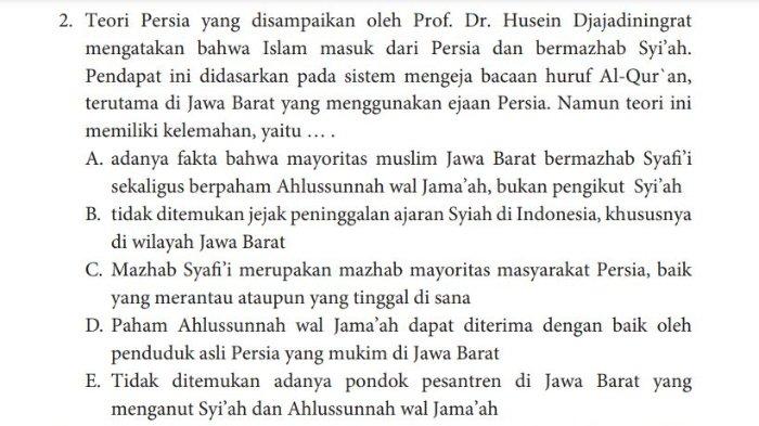 Teori Persia yang disampaikan oleh Prof. Dr. Husein Djajadiningrat mengatakan bahwa Islam masuk dari Persia dan bermazhab Syi’ah. Pendapat ini didasarkan pada sistem mengeja bacaan huruf Al-Qur`an, terutama di Jawa Barat yang menggunakan ejaan Persia. Namun teori ini memiliki kelemahan, yaitu … .