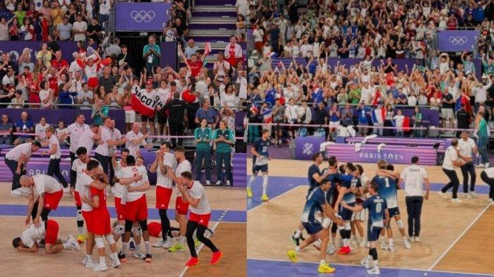Kolase tim voli Polandia (kiri) dan tim voli Prancis (kanan) selebrasi usai lolos ke final Olimpiade Paris 2024.