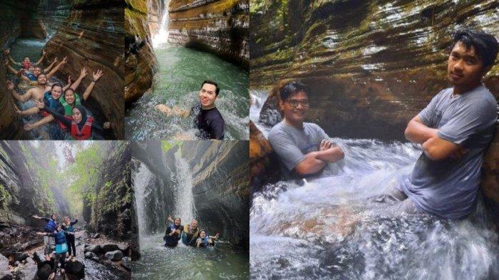 Kolase foto wisatawan asyik bermain di Curug Putri, destinasi wisata alam air terjun di Kabupaten Pandeglang, Banten.