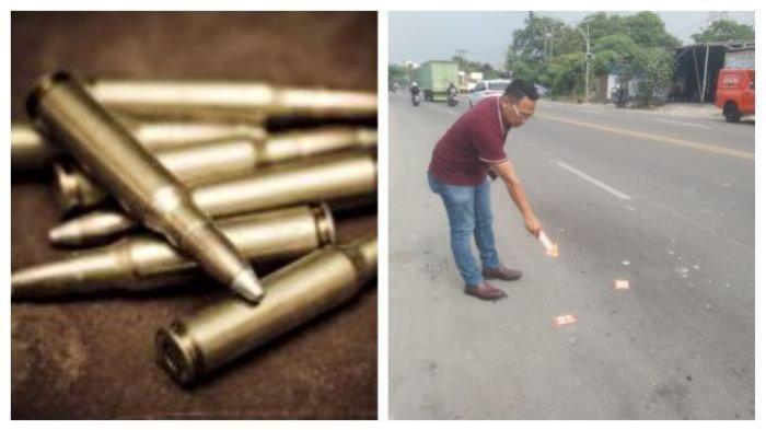 kolase foto ilustrasi peluru dan Pihak kepolisian menunjukan lokasi pantulan proyektil peluru yang mengenai pasangan suami-istri di Jalan Raya Serang, Cibadak, Cikupa, Kabupaten Tangerang, Selasa (4/7/2023) sekitar pukul 13.30 WIB.
