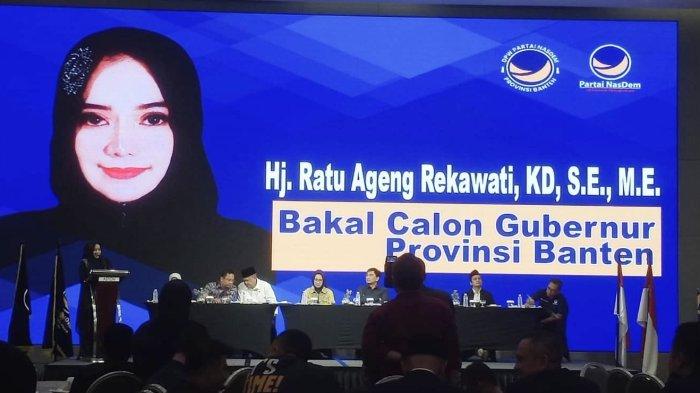Ratu Ageng Rekawati saat menyampaikan visi-misinya pada penjaringan Pilkada DPW NasDem Banten di Hotel Aston Serang, Selasa (14/5/2024).
