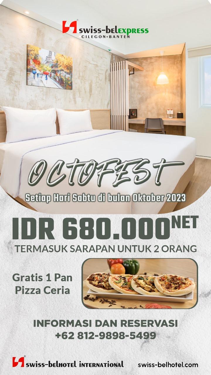 Swiss-Belexpress Cilegon kembali memanjakan para tamu dengan menghadirkan berbagai promo yang ditawarkan mulai Rp 680.000 net. Pada Oktober spesial ini telah hadir OCTOFEST, yaitu menginap di tipe kamar ekspres termasuk sarapan untuk dua orang dan gratis satu pan pizza ceria.