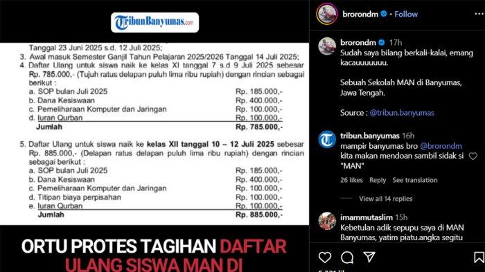 Tangkapan layar unggahan akun Instagram @brorondm yang merepost ulang unggahan Tribun Banyumas soal dugaan pungli di sebuah MAN Banyumas, Selasa 1 Juli 2025. Ia menegaskan keputusan komite sekolah tidak mengikat dan ajak ortu melapor jika ada intimidasi.