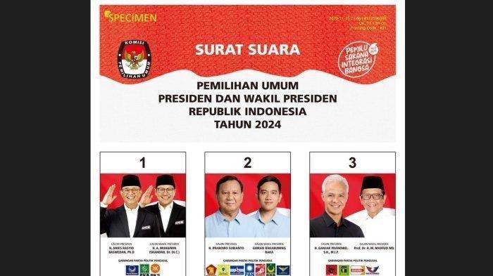 Desain surat suara Pilpres 2024 yang telah disetujui KPU RI. Saat ini, desain surat suara tersebut masuk dalam tahap pencetakan untuk kemudian didistribusikan ke seluruh Indonesia dan beberapa lokasi di luar negeri untuk Pemilu 2024.