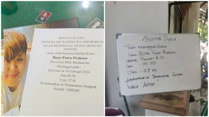 Kabar duka cita berisi pengumuman Bimo Putro Prakoso (27) seorang penderita obesitas asal Semarang yang sempat viral meninggal dunia. Kabar duka tersebut disampaikan pihak keluarga kepada Tribun.