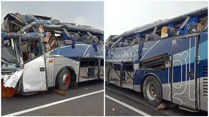 Kolase kondisi bus PO Shantika usai dievakuasi. Bus terjun dari tol setinggi 20 meter ke jalan desa di Kecamatan Ampelgading, Pemalang, Minggu (21/1/2024). Diketahui, dua orang korban tewas dalam kejadian tersebut.