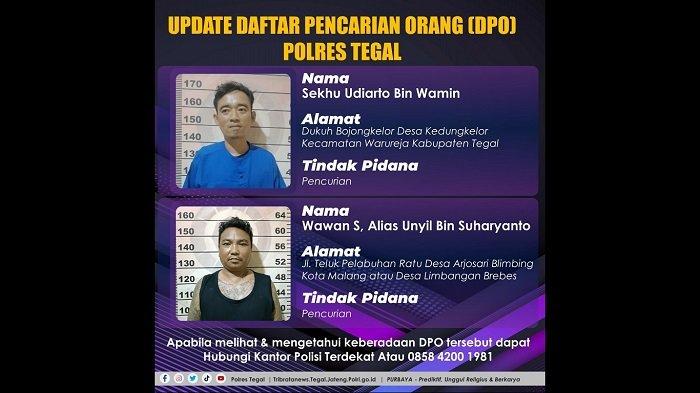 Polres Tegal menyebar foto dua tahanan yang kabur dan kini masih buron, Senin (28/10/2024). Enam tahanan Polres Tegal kabur pada Jumat (25/10/2024) dini hari. Tiga orang ditangkap di hari yang sama saat bersembunyi di rumah warga. Sementara, satu buron lainnya ditangkap di rumahnya, Sabtu (26/10/2024).
