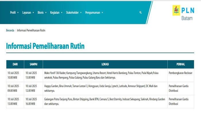 PEMADAMAN LISTRIK - Informasi pemadaman listrik di Batam hari ini, Kamis 10 Juli 2025 dari PT PLN Batam