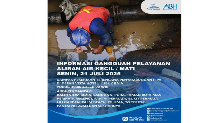 MATI AIR DI BATAM - Tangkap layar akun instagram @airbatamhilir yang menginformasikan lokasi mati air di Batam, Senin (21/7/2025) mulai pukul 10.00 WIB sasar sejumlah lokasi di Kecamatan Lubuk Baja.