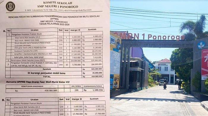 Surat tarikan sumbangan SMPN 1 Ponorogo dan suasana di SMPN 1 Ponorogo, Jumat (29/9/2023).