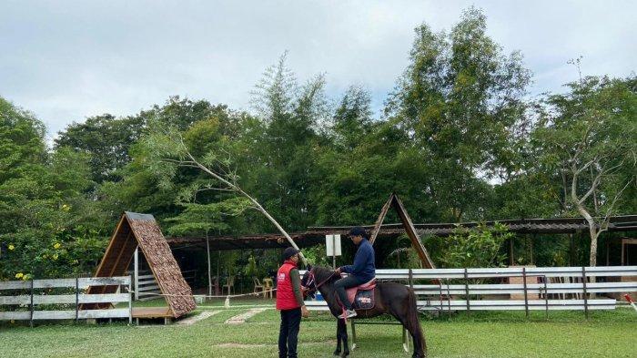 AGROWISATA DI BATAM - Seorang pengunjung mencoba kegiatan berkuda di JMB Eco Park, Marina City Batam, Provinsi Kepri, Sabtu (9/12/2023).