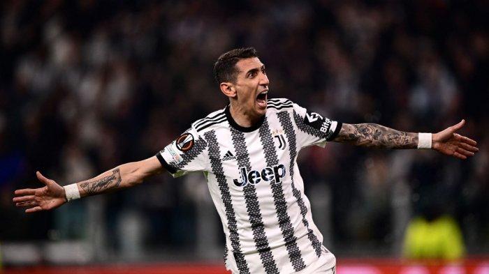 Juventus Menang - Striker Juventus asal Argentina Angel Di Maria selebrasi setelah cetak gol ke gawang Freiburg pada leg 1 babak 16 besar Liga Europa 2022-2023, Kamis (9/3/2023) malam atau Jumat dinihari WIB. Juventus menang 1-0 atas Freiburg pada laga di Stadion Allianz tersebut.