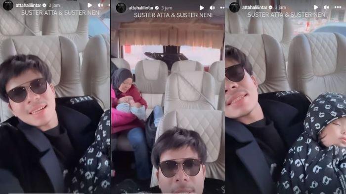 Kolase Atta Halilintar jaga Ameena di dalam mobil bersama Suster Neni dan Azura sesampainya di Korea Selatan, sebagaimana diunggah dalam Instagram attahalilintar, Rabu (27/12/2023).