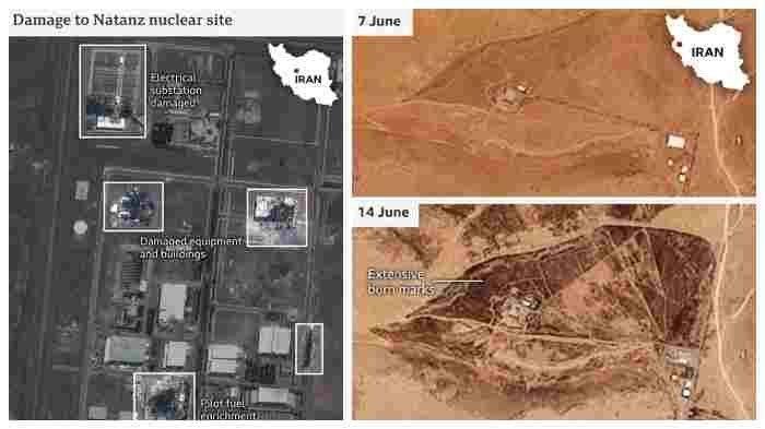 NATANZ DAN KERAMANASHAH. – Kolase Tribunnews.com, Senin (16/6/2025). Citra satelit Maxar, 14 Juni 2025 (kiri), Fasilitas nuklir Natanz di Iran tampak mengalami kerusakan berat, termasuk gardu listrik dan bangunan pengayaan bahan bakar yang hancur akibat serangan udara. – Citra satelit Planet Labs, 7 dan 14 Juni 2025. (kanan), Perbandingan sebelum dan sesudah serangan menunjukkan bekas luka bakar luas di pangkalan rudal Kermanshah, Iran, yang menjadi target serangan militer. Tiga fasilitas nuklir utama Iran, Fordow, Natanz dan Isfahan, mengalami serangan udara yang diklaim telah diluncurkan oleh Amerika Serikat.