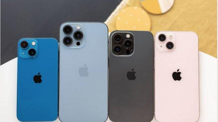 Ilustrasi iPhone 13 seri dengan tipe varian warna berbeda.