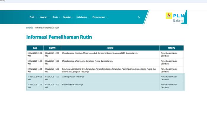 Jadwal Pemadaman Listrik di Batam hari Kamis, 31 Juli 2025