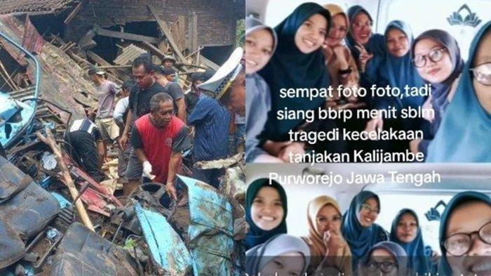 KECELAKAAN DI PURWOREJO - (kiri) Kecelakaan maut terjadi di Jalan Lintas Provinsi Purworejo- Magelang, tepatnya di Desa Kalijambe, Purworejo pada Rabu (7/5/2025) siang. (kanan) Momen terakhir rombongan ustazah saat berada di angkot sebelum tewas ditabrak truk di Purworejo jadi sorotan.