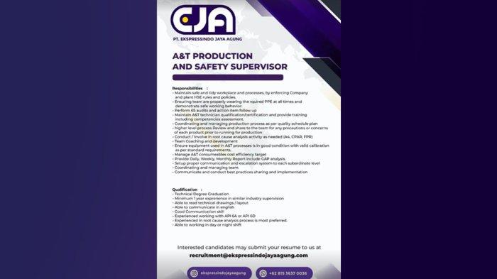 Lowongan A&T Production And Safety Supervisor di PT Ekspressindo Jaya Agung