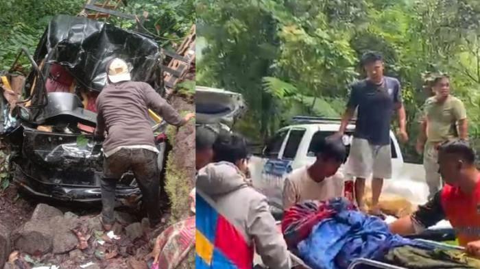 MASUK JURANG - Sebuah mobil pick-up bermuatan kelapa dilaporkan masuk ke jurang sedalam 25 meter di Puncak Sungai Penuh–Tapan, tepatnya di Kilometer 38.