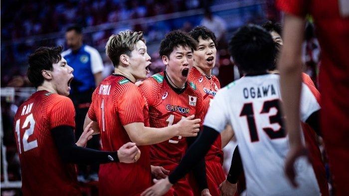 Jadwal Voli Olimpiade Paris 2024 Lengkap dengan Jam Tayang, Nonton Tim Elit di Vidio - Selebrasi dari tim voli putra Jepang ketika berhadapan dengan Slovenia pada VNL 2023.