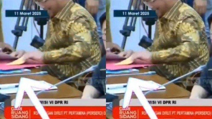 AMPLOP KUNING - Tangkapan layar momen Anggota Komisi VI DPR RI, Herman Khaeron mengambil amplop kuning saat rapat bersama direksi Pertamina, Selasa (11/3/2025). Wasekjen Partai Demokrat, Jansen Sitindaon sebut tak mungkin uang gelap dilakukan terang-terangan melalui akun X pada Rabu (12/3/2025).
