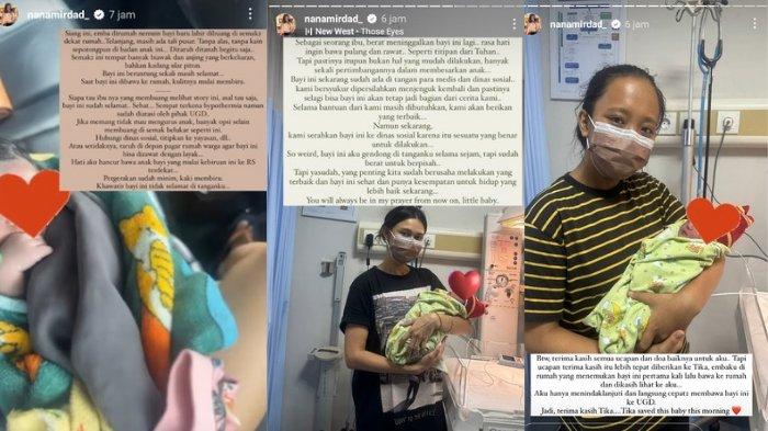 FOTO: Kolase Nana Mirdad dan ART saat gendong bayi yang ditemukan di semak-semak, sebagaimana diunggah dalam Instagram nanamirdad_, Sabtu (20/1/2024).