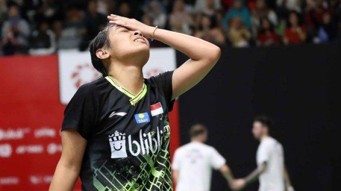 Ekspresi Gregoria Mariska Tunjung saat kalah dari Akane Yamaguchi dari Jepang dengan skor 21-12, 15-21, 22-24