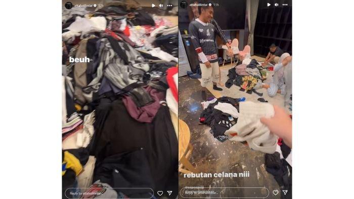 Tumpukan pakaian Atta Halilintar / Atta Halilintar saat bagi-bagi celana ke karyawan yang rebutan.