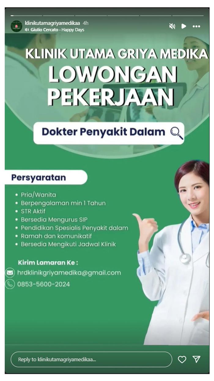 Klinik Utama Griya Medika membuka lowongan kerja untuk posisi Dokter Penyakit Dalam