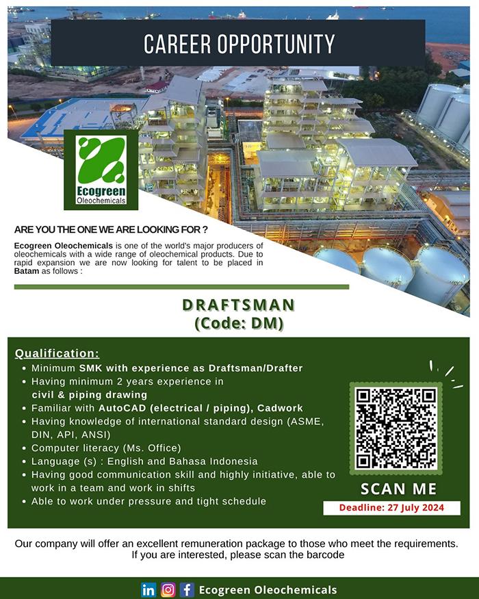 Lowongan Kerja Batam, PT Ecogreen Oleochemicals Batam buka loker posisi Draftsman