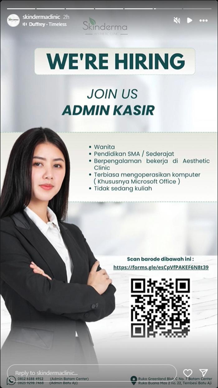 Lowongan Kerja Batam - Skinderma Aesthetic Clinic buka loker Admin Kasir