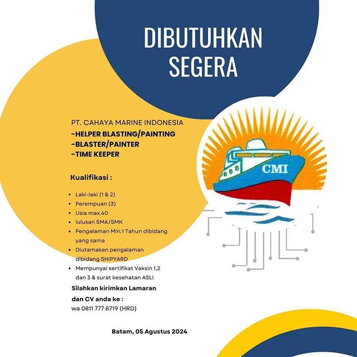 Lowongan Kerja PT Cahaya Marine Indonesia, Senin, 5 Agustus 2024